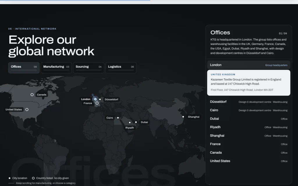 Kazareen Textile Group (KTG): Interactive map of the group's offices, factories and sourcing partners