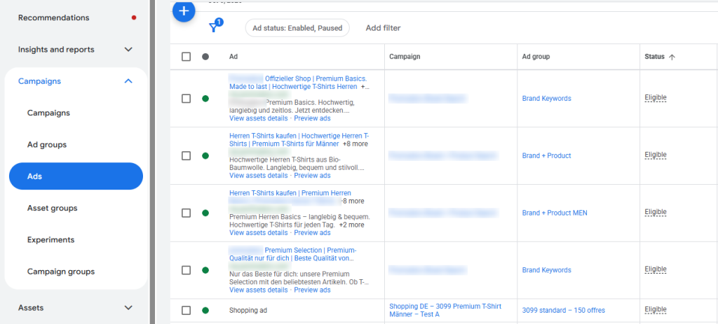 Google Ads account view listing responsive search and shopping ads with their campaigns, ad groups and status, brand names blurred