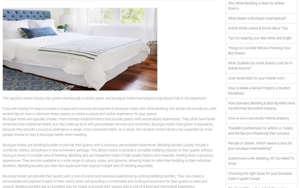 A published article we wrote for a client, with a bedroom photo, the article text and a list of related articles in the sidebar