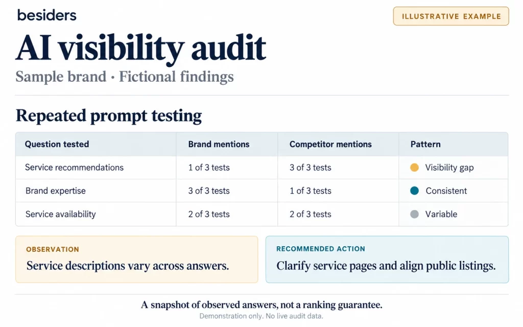 Illustrative example of an AI visibility audit page with fictional findings: repeated prompt testing, an observation and a recommended action